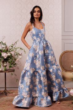 Meet The Avery Dress! She's a beautifully corseted scoop-neck gown with cascading gathered tiers and side pockets. Fall in love with her classic silhouette and darling floral details. Featured in our romantic Dusk Blue Baroque Floral brocade, which features soft pink flowers on a blue background, she's the perfect part Soft Pink Flowers, V Chapman, Baroque Floral, Dusk Blue, Guest Attire, Wedding Attire Guest, Mode Inspiration, Wedding Attire, Blue Wedding