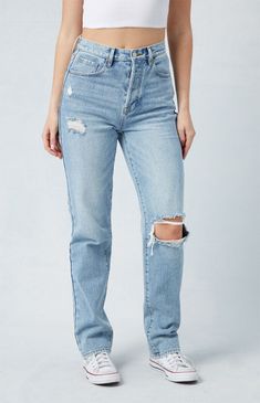 PacSun brings a touch of edginess to your effortlessly cool style with the Light Indigo Ripped Dad Jeans. These high-waisted jeans have a button fly closure with ripped details and a straight leg fit that is roomy through the hip and thigh for added comfort. PacSun Womens Light Indigo Ripped Dad Jeans - Blue size 26 Light Ripped Jeans Outfit, Panda Outfit, Rip Dad, Ripped Mom Jeans, Trendy Jeans, Dad Jeans, Chicago Pd, Jean Trends, Causual Outfits