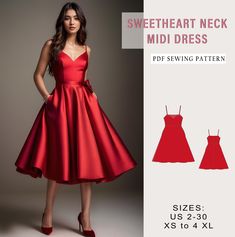 Digital sewing pattern for Sweetheart Neck Midi Dress. ✔️ US Sizes: 2, 4, 6, 8, 10, 12, 14, 16, 18, 20, 22, 24, 26, 28, 30 ✔️ Standard sizes: XS, S, M, L, XL, 2XL, 3XL, 4XL/5XL ✔️These templates are suitable for A4, A0 and US Letter size paper. When you purchase this pattern, you will receive a digital (pdf) sewing pattern and instructions. Once your payment processes, you will automatically receive a download links of pattern files. If you have any problem accessing the files, please don't hesi Ball Gown Dress, Dress Wedding Guest, Dress Cocktail, Sewing Pattern Sizes, Dress Sewing Pattern, Dress Sewing, Ball Gown Dresses, Dress Evening, Gown Dress