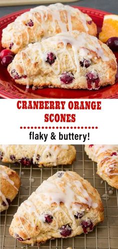 cranberry orange scones with icing on a red plate