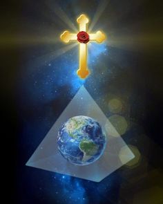 an image of a cross and earth in the middle of it with light coming from above