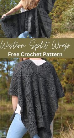 a woman wearing a black shawl with the text western spirit wrap free crochet pattern