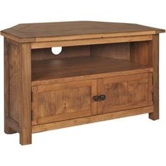 a wooden entertainment center with two drawers on one side and an open drawer on the other