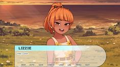 a cartoon character is standing in a field with the sun setting behind her and she has red hair