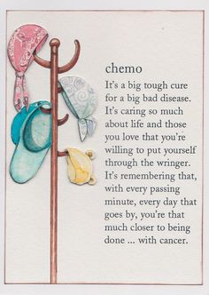 a card with an umbrella and shoes hanging from it's pole that says, chemo