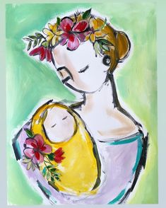 a painting of a woman holding a baby with flowers in her hair and wearing a flower crown