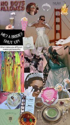 there is a collage with pictures and words on it that say mea bride shut up