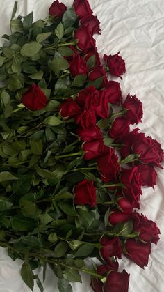 a bunch of red roses laying on top of a white sheeted bed spread with green leaves