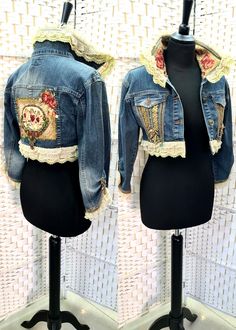 Michal Negrin Short Denim Jacket With Colorful Crystal Flowers Unique. | eBay Denim Jacket With Lace, Denim 2023, Short Denim Jacket, Jacket With Lace, Clothing Pattern Design, Colorful Crystals