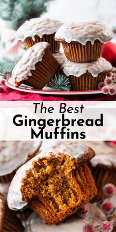 the best gingerbread muffins with white frosting on top are stacked next to each other