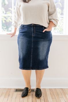 Trends come and go but denim remains a wardrobe staple! Crafted from a comfortable stretch denim in a timeless dark blue wash, the Wren will be your new go to skirt! The details include a traditional button and fly closure and functional pockets. And the very best part - this modest denim skirt comes in three lengths for you to choose from! Exclusively designed by us for you. 95% Cotton 5% Spandex Wash Cold Gentle Cycle Hang to Dry Low Iron if Needed Model A Height 5'5" | Wearing Size 2 - 23" Le Modest Denim Skirts, Blue Jean Skirt, Styles Women, Gingham Tops, Layered Tops, Ribbed Top, Come And Go, Skirt Leggings, Christian Clothing