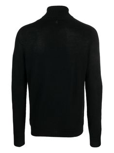 Black wool jumper, knitted construction, roll neck, long sleeves, straight hemComposition: Wool, 100% Black Wool Turtleneck With Ribbed Cuffs, Black Cashmere Long Sleeve Turtleneck, Black Fine Knit Turtleneck Sweater, Black Long Sleeve Cashmere Turtleneck, Black Crew Neck Fine Knit Cardigan, Black Cashmere Turtleneck Sweater, Black Turtleneck With Ribbed Cuffs For Work, Black Turtleneck Cashmere Sweater, Wool Turtleneck For Workwear