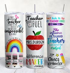 three teacher appreciation tumbles with different designs