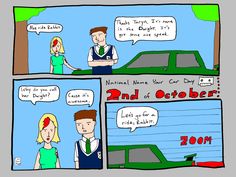 a comic strip with two people talking to each other and one person in front of the car