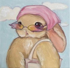 a painting of a teddy bear wearing glasses and a pink bandana