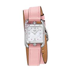 Gem-set steel watch, opaline silvered dial, 23 x 23 mm, long interchangeable strap in cherry blossom pink Swift calfskinMade in Switzerland Wrist circumference: 5.7" - 6.5" Model size: smallGem-set steel case, 23 x 23 mm, 4 diamonds (0.02 ct), 18 pink sapphires (0.14 ct)Anti-glare sapphire crystalOpaline silvered dial, 8 pink sapphires (0.02 ct)Quartz movement, Swiss MadeHour, minute functionsWater-resistant to 3 bar. Avoid all contact with water while wearing your Hermes leather watch.Long doub Hermes Watch, Hermes Jewelry, House Gifts, Jewelry Lookbook, Fine Watches, Monogrammed Items, Crystal Gems, Steel Watch, Wrap Watch