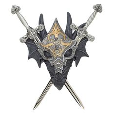 two swords with skulls and crossbones are attached to the back of a mask