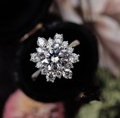 a diamond ring sitting on top of a black velvet case with flowers in the background