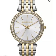 Nwt Michael Kors Darci Two-Tone Stainless Steel Watch 39mm Mk3215 Retail $250 - Currently An Elegant Addition To Your Collection: A Glistening Darci Watch From Michael Kors. Stainless Steel Bracelet With Gold-Tone Accents And Deployant Clasp (6-9/10" L) Round Case, 39mm, Gold-Tone Bezel With Crystal Accents Silver-Tone Dial With Gold-Tone Stick Indices, Three Hands And Logo Quartz Movement Water Resistant To 50 Meters Non-Branded Box Available Luxury Michael Kors Diamond Watch With Metal Dial, Michael Kors Bradshaw Watch, Michael Kors Watch Silver, Gold And Silver Watch, Watches Women Michael Kors, Michael Kors Bracelet, Gold Michael Kors Watch, Pink Watch, Ceramic Watch