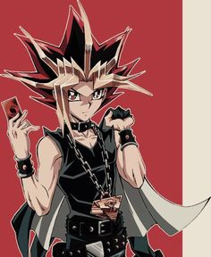 an anime character holding a cell phone in his hand and pointing to the side with both hands