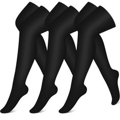 three pairs of black knee high socks with long legs and one leg in the air