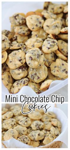 mini chocolate chip cookies in white dishes with text overlay that says mini chocolate chip cookies