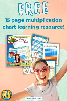 text reads: free 1 page multiplication chart printable pack; image shows times tables printable pack graphic and 9 year old student excited about learning multiplication 2 By 2 Multiplication Anchor Chart, Multiplication Assessment 3rd Grade, Multiplication Number Posters, Multiplication Chart 1-12, Partial Product Multiplication