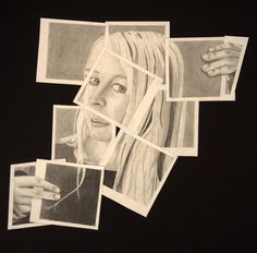 a drawing of a woman's face surrounded by photos and pencils on black paper