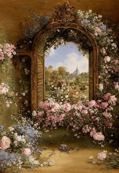 a painting of flowers surrounding a mirror