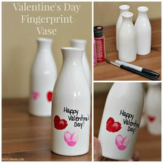 valentine's day fingerprint vases with hearts painted on them