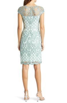 An elegant sheath exquisitely fashioned from ornate lace asparkle in tonal sequins is perfect for weddings, cocktail parties and date nights. 40" length (size 8) Hidden back-zip closure Bateau neck Cap sleeves Partially lined 60% polyester, 40% nylon with 60% cotton, 40% nylon contrast Dry clean Imported Special Occasion Cocktail Dress Nordstrom, Mother Of Bride Outfits, Lace Cocktail Dress, Lace Body, Bateau Neck, Date Nights, Cocktail Parties, Tadashi Shoji, Antique Pink