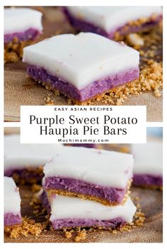 purple sweet potato haupia pie bars with white frosting and crumbs