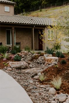 rocks and plants in front of a house