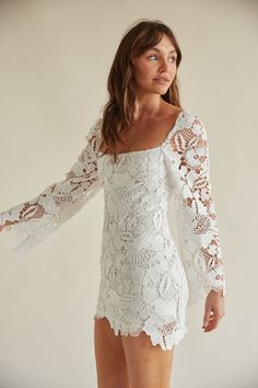 Liz Lace Long Sleeve Mini Dress • Shop American Threads Women's Trendy Online Boutique – americanthreads Crochet Lace Square, Babydoll Top Outfit, Steve Madden Slinky, Lace Long Sleeve Mini Dress, Peplum Top Outfits, Stylish Tops For Girls, Long Sleeve Lace Mini Dress, Bell Sleeve Mini Dress, Tube Top Outfits