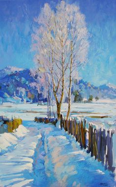 a painting of a snowy landscape with a tree and fence in the foreground, on a blue sky day