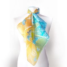 Hand painted scarf 'Butterflies' is a square scarves in blue and yellow color set. It's a perfect women gift, silky delicate and romantic. You can choose from two sizes: -22 by 22 inches (55 by 55 centimeters) ON THE PICTURES -34 by 34 inches (88 by 88 centimeters) much bigger than pictures! Silk: pure Habotai Light, delicate and semi transparent. Hand painted, so the pattern is equally visible on both sides. This silk scarf was inspired by a set of summer pictures I took last year at the lakes. Blue Silk Scarf As Summer Gift, Blue Silk Scarf For Summer Gift, Blue Silk Scarf For Summer, Yellow Artistic Silk Scarf For Spring, Artistic Yellow Silk Scarf For Spring, Yellow Silk Scarf For Spring Gift, Butterfly Scarf, Long Silk Scarf, Hand Painted Scarves