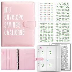 a pink planner with the words 100 envelope savings challenge written on it and various stickers