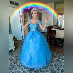 Light Blue Cinderella Style Evening Gown Sold With Hoop Skirt For Full Effect If Desired. Only Worn Once For A Disney Princess Event Model: 5’8” & 130 Lbs Cinderella Gown, Hoop Skirt, 130 Lbs, Evening Gown, Evening Gowns, New Color, Cinderella, Light Blue, Size 4