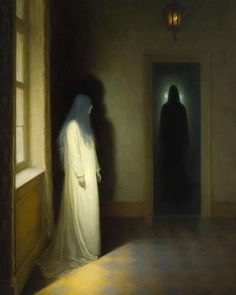 a painting of a woman standing in front of a doorway with a light shining on her head