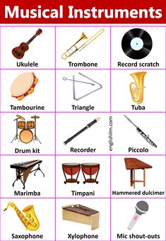 musical instruments and their names are shown in this poster for children's music lessons