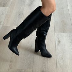 Dsw Fold Over Boots In Black Faux Leather. Brand New, Never Worn. Chic Wide Calf Boots In Synthetic Material, Chic Wide Calf Synthetic Boots, Wide Calf Pointed Toe Synthetic Heeled Boots, Wide Calf Synthetic Heeled Boots With Pointed Toe, Chic Synthetic Boots With Padded Heel, Chic Synthetic Boots With Block Heel, Chic Wide Calf Synthetic Heels, High Heel Synthetic Boots For Work, Chic Faux Leather Knee-high Boots With Closed Toe