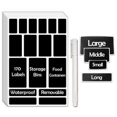 the large and small labels are on top of each other, with one pen in front of them