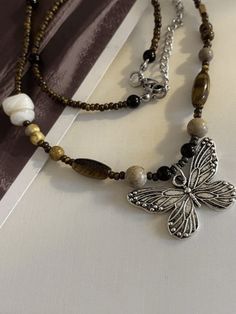 Vintage Beads Stone Butterfly Necklace - AnotherChill Punk Fairy, Butterfly Necklace Silver, Grunge Pattern, Geometric Butterfly, Street Y2k, Grunge Jewelry, Earthy Jewelry, Fairy Jewelry, Vintage Beads