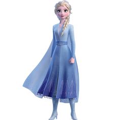 the frozen queen is wearing a blue dress and standing in front of a white background