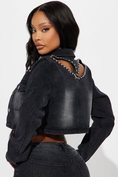 Available In Black Wash. Denim Jacket Pair With Self Assured Stretch Embellished Bootcut Jeans Cropped Cut Out Detail Functional Chest Pockets Rhinestone Detail Medium Stretch Disclaimer: Due To The Specialized Wash Process, Each Garment Is Unique. 69% Cotton 29% Polyester 2% Spandex Imported | Self Assured Stretch Embellished Denim Jacket in Black Wash size XL by Fashion Nova Luxury Fitted Single-breasted Denim Jacket, Utility Denim Outerwear Pre-washed, Luxury Single-breasted Denim Jacket For Streetwear, Black Single-breasted Denim Outerwear, Pre-washed Cotton Denim Jacket, Embellished Denim Jacket, Embellished Denim, Black Denim Jacket, Bootcut Jeans