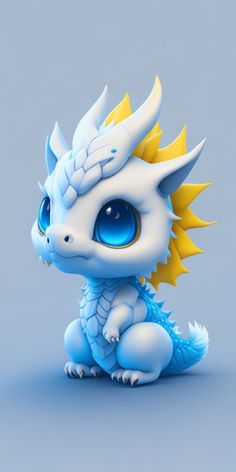 a small blue and yellow dragon sitting on top of a gray floor next to a white wall