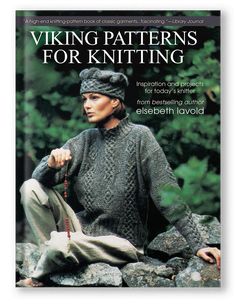 the book cover for viking patterns for knitting by elizabeth lloyd, featuring an image of a woman sitting on rocks