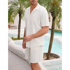 The men summer 2 piece outfit is made of soft fabric. It's provide you nature skin feel and give you optimal comfort wearing experience. Men 2 Piece Summer Beach Outfit Short Sleeve Button Down Shirt and Casual Short Set The guayabera shirt is designed with a cuban collar, short sleeves, one pocket on chest. The Shorts with two side pockets for easy storage of small items., elastic waist drawstring. simple style, solid color, high quality and classic design This men's button down shirt suit is b Cuban Guayabera, Mens Silk Pajamas, Summer Shirts Men, Outfit Short, Guayabera Shirt, Men Casual Summer, Henley Shirt Men, Summer Beach Outfit, Pocket Shorts