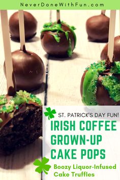 irish coffee brown - up cake pops with green sprinkles and shamrock decorations