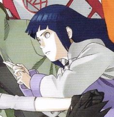 an anime character with blue hair sitting on a bed looking at his cell phone while holding another person's hand